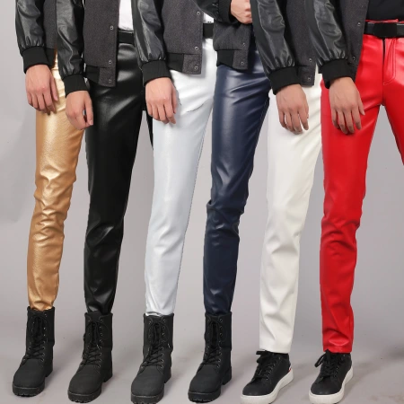 Middle-aged and young men's elastic, slimming, fashionable, moisture-proof white leather pants for dance performances, bars, and hair salons Middle-aged and young men's elastic, slimming, fashionable, moisture-proof white leather pants for dance performances, bars, and hair salons